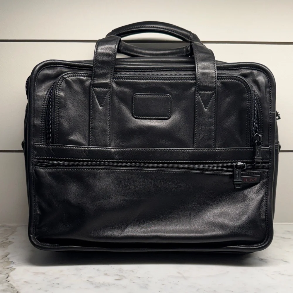 TUMI | Alpha Leather Briefcase | Black Multi-Zip Laptop Bag | OS